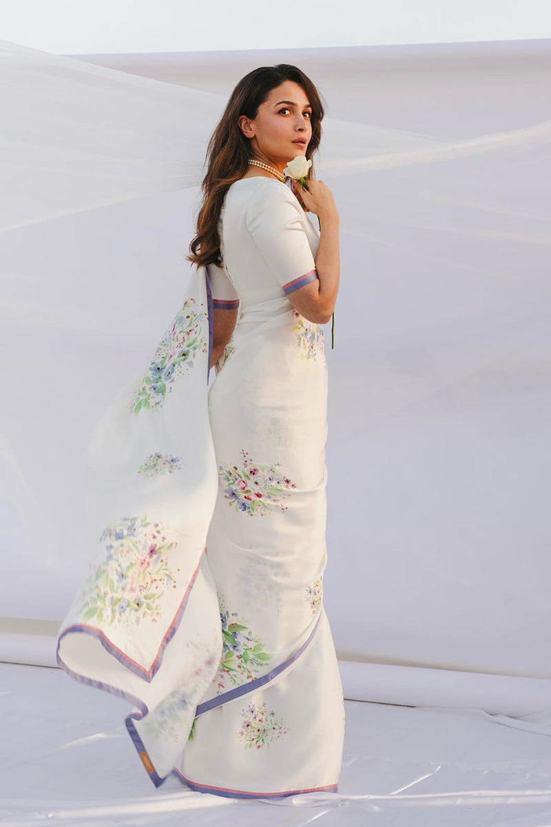 Murmurous 1 Minute Ready To Wear White Satin Silk Saree