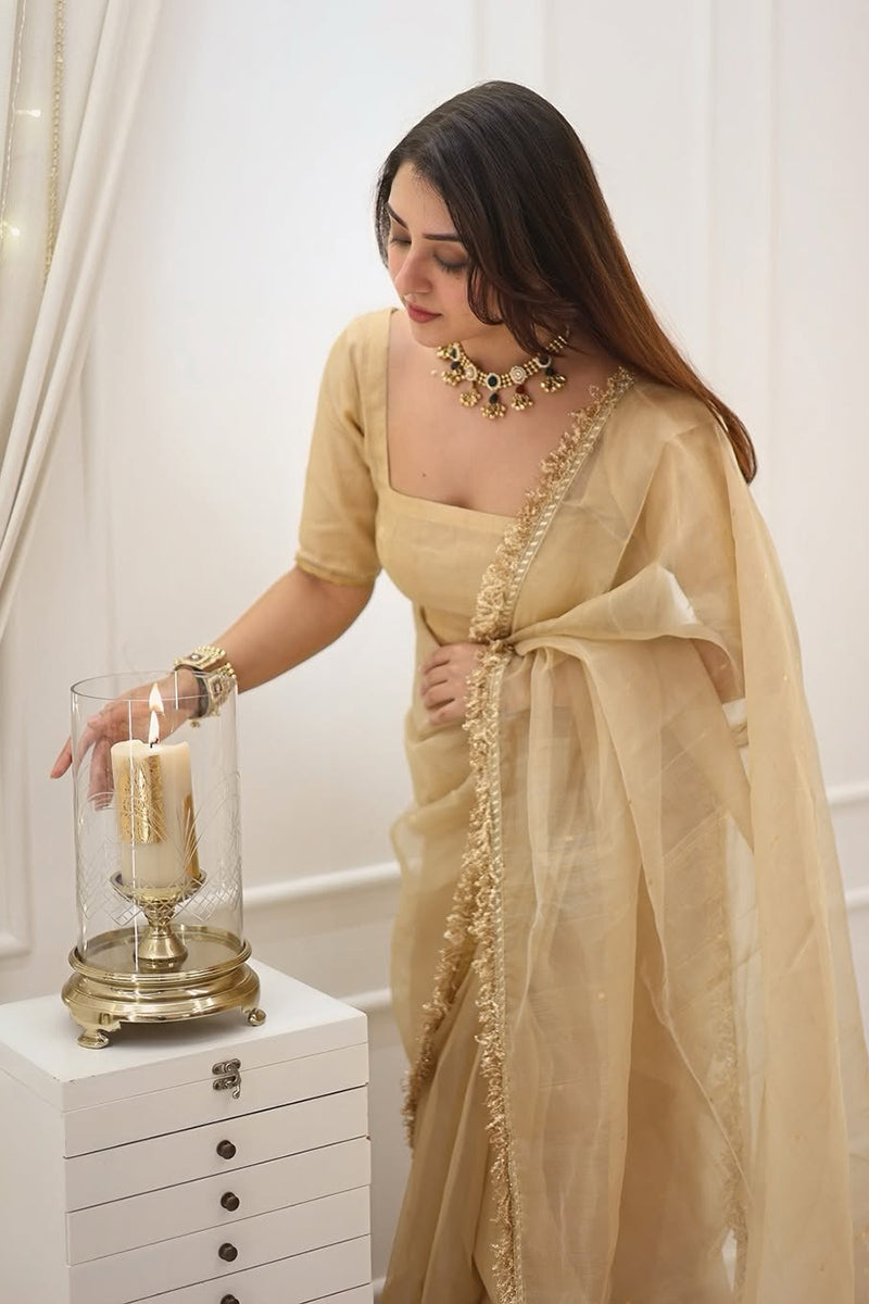 Opulent 1-Minute Ready To Wear Beige Cotton Silk Saree