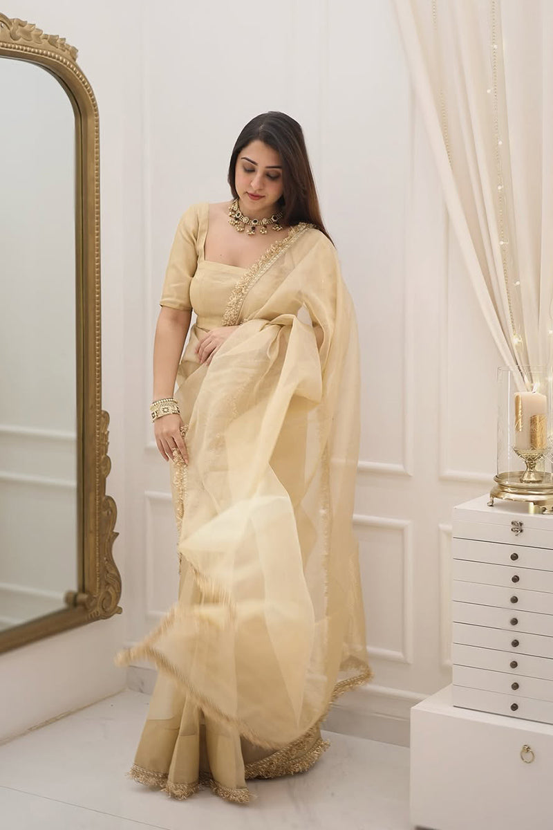Opulent 1-Minute Ready To Wear Beige Cotton Silk Saree