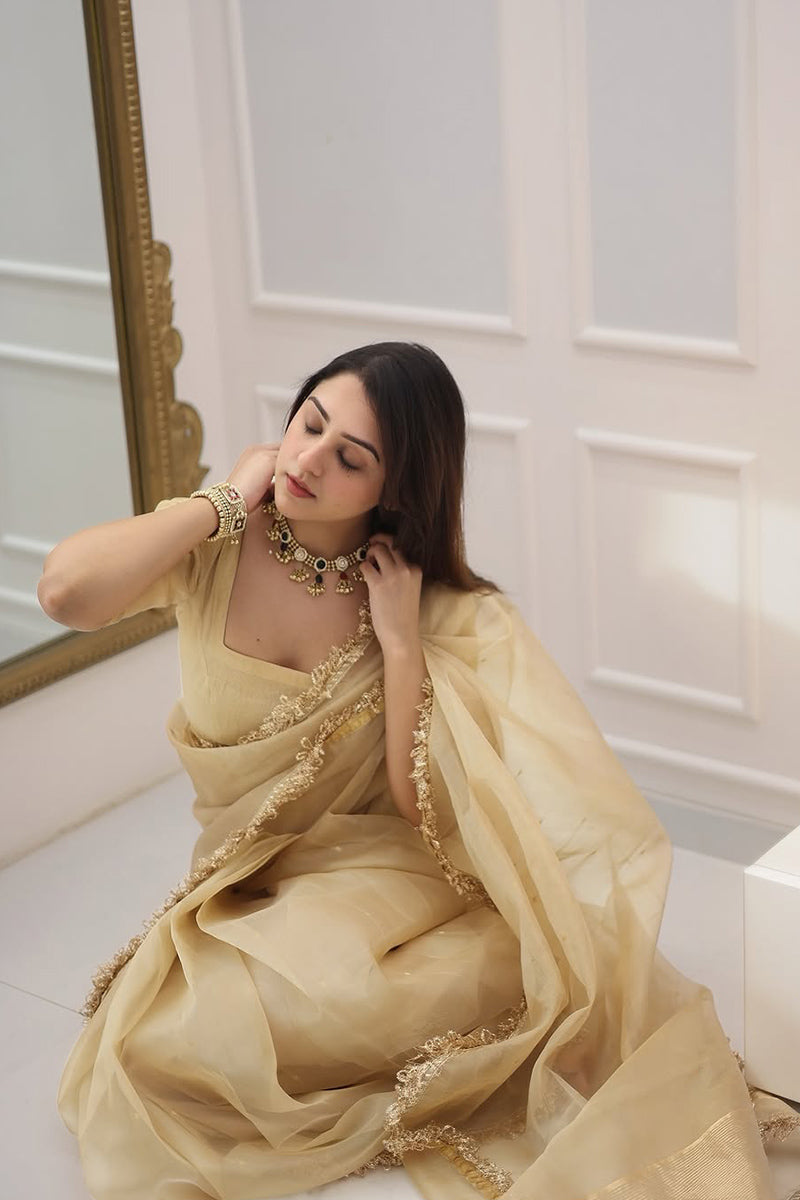 Opulent 1-Minute Ready To Wear Beige Cotton Silk Saree