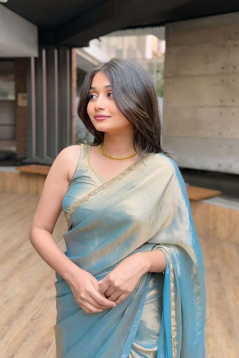 Fancifull Firozi Fancy Silk Saree With Stitched Blouse Piece
