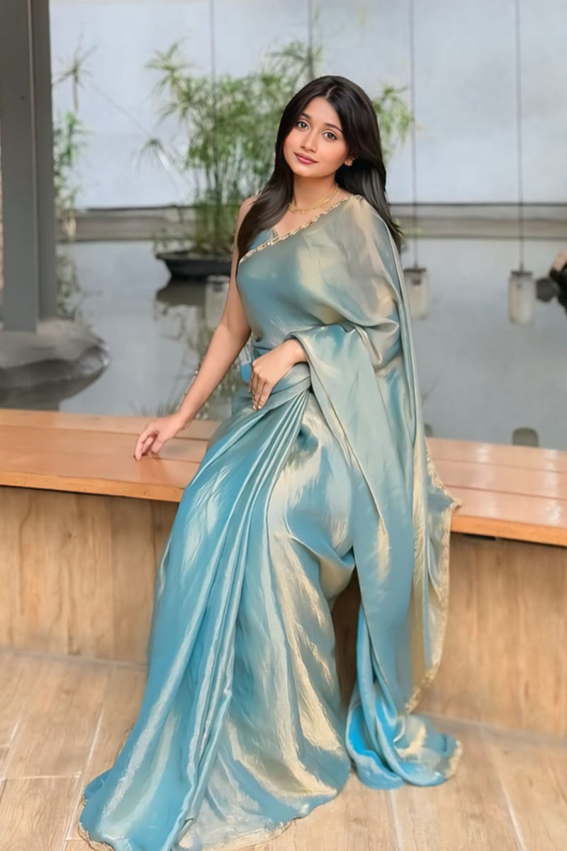 Fancifull Firozi Fancy Silk Saree With Stitched Blouse Piece