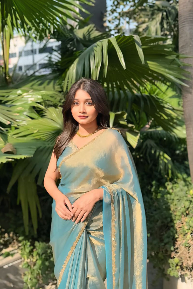 Fancifull Firozi Fancy Silk Saree With Stitched Blouse Piece