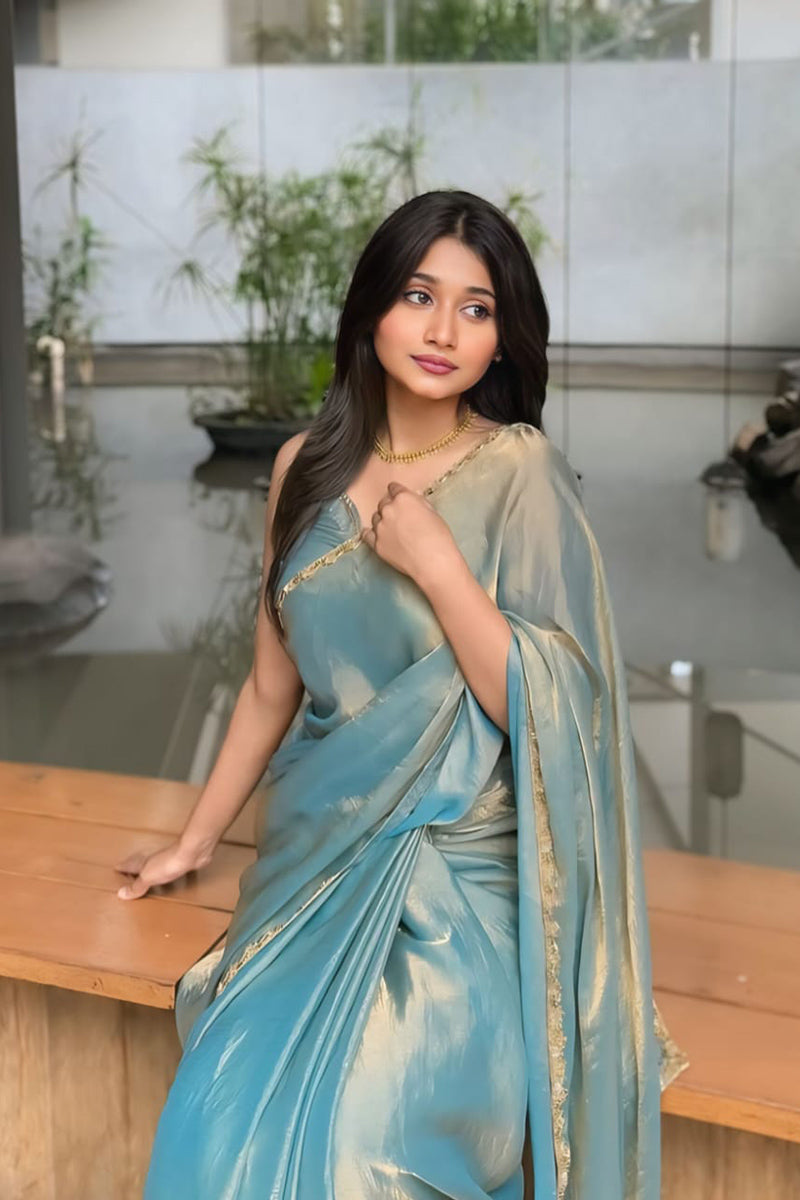 Fancifull Firozi Fancy Silk Saree With Stitched Blouse Piece