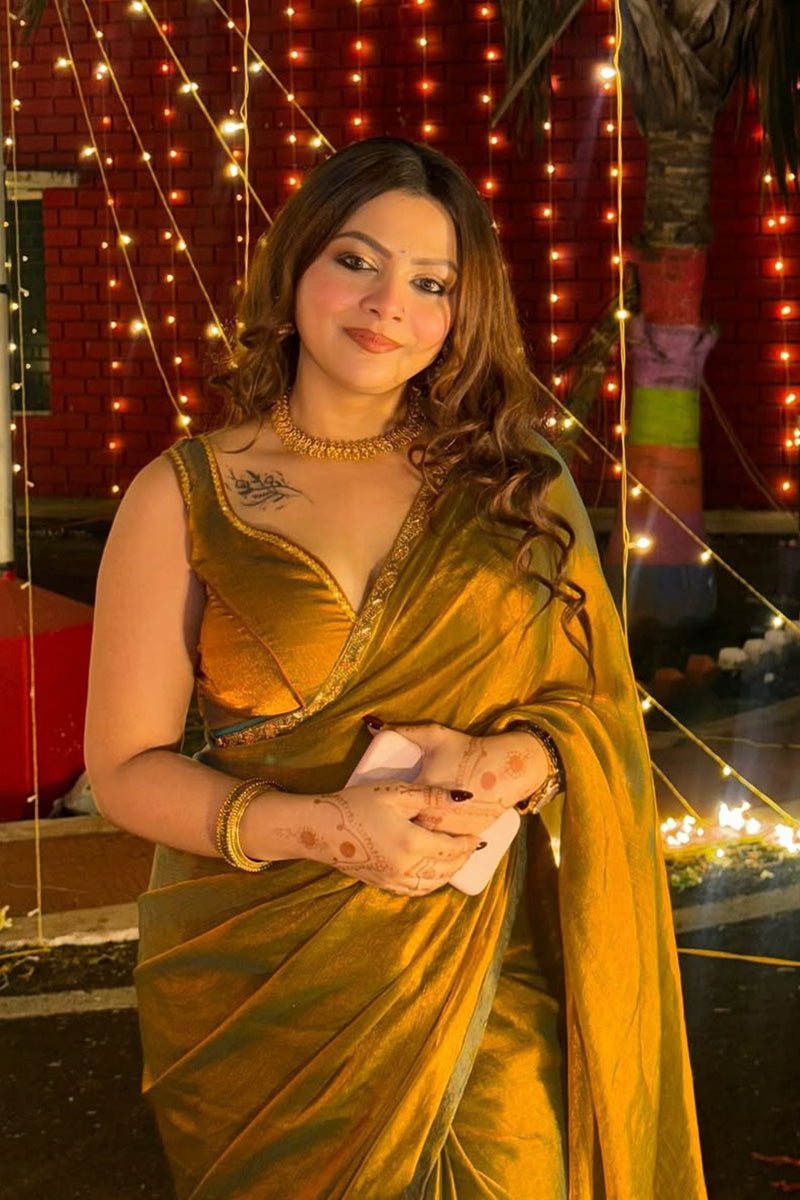 Symmetrical Green Fancy Silk Saree With Stitched Blouse Piece
