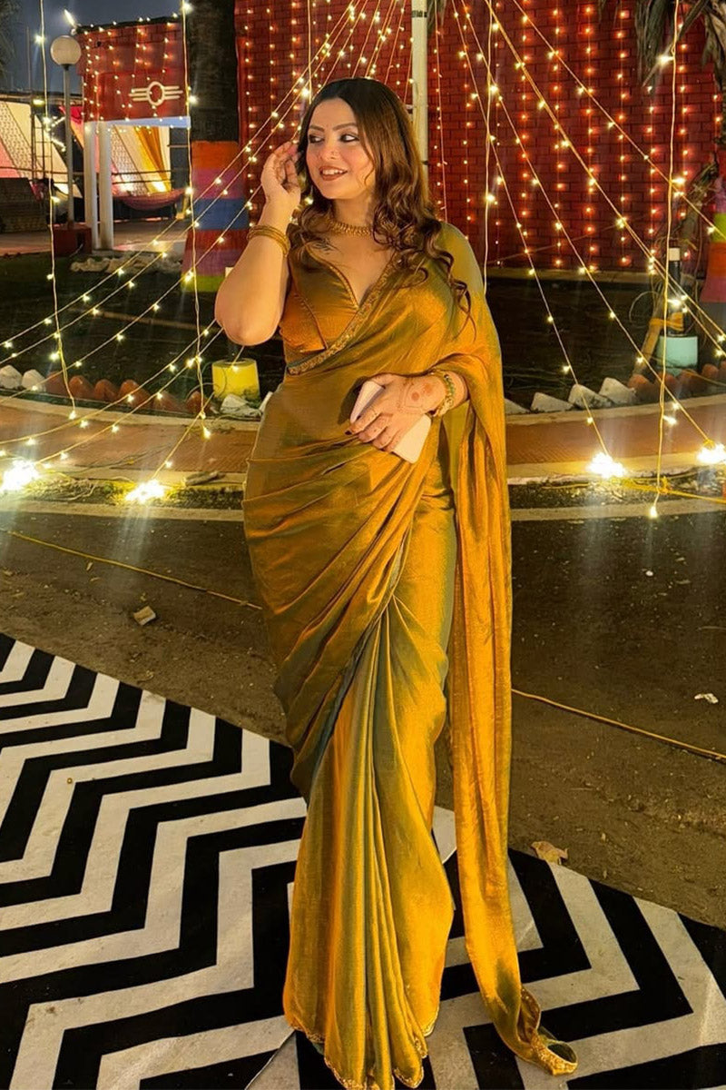 Symmetrical Green Fancy Silk Saree With Stitched Blouse Piece