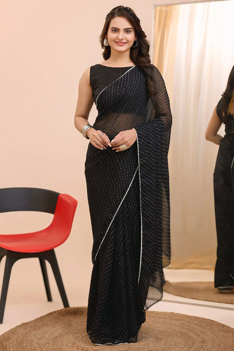 Adorning 1 Minute Ready To Wear Black Georgette Digital Printed Saree