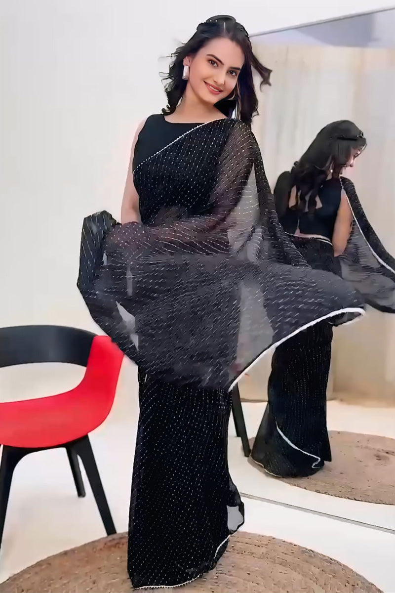 Adorning 1 Minute Ready To Wear Black Georgette Digital Printed Saree