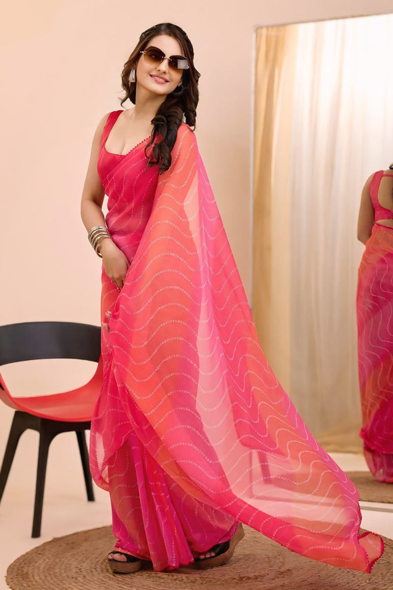 Classy 1 Minute Ready To Wear Pink Georgette Digital Printed Saree