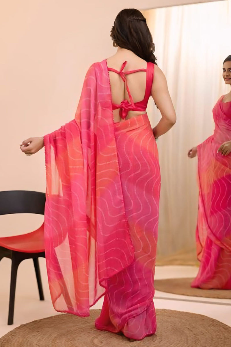 Classy 1 Minute Ready To Wear Pink Georgette Digital Printed Saree