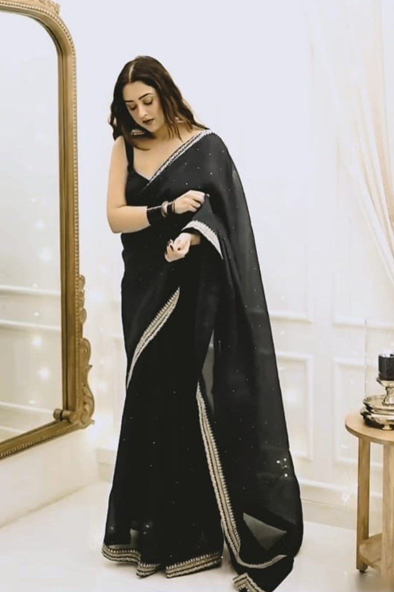 Lively 1 Minute Ready To Wear Black Organza Embroidery Border Work Saree