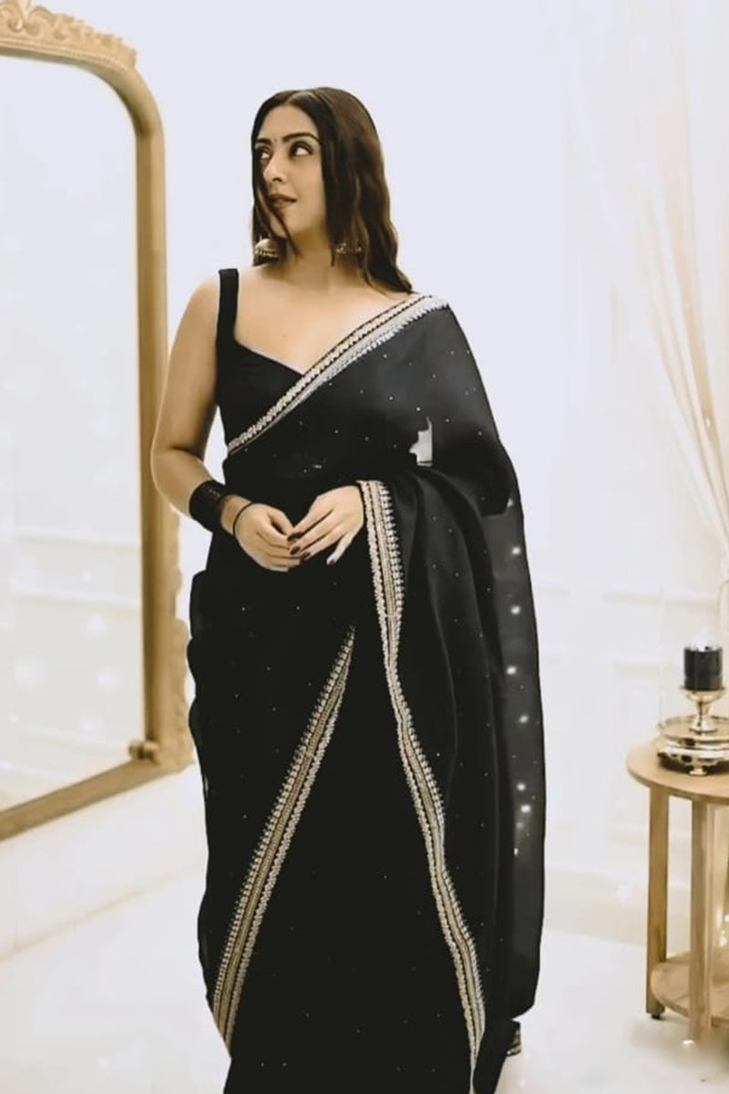 Lively 1 Minute Ready To Wear Black Organza Embroidery Border Work Saree
