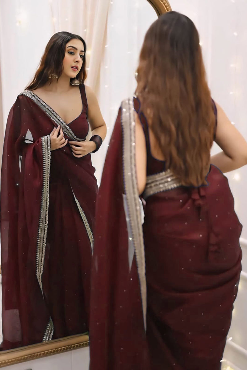 Enthralling 1 Minute Ready To Wear Brown Organza Embroidery Border Work Saree