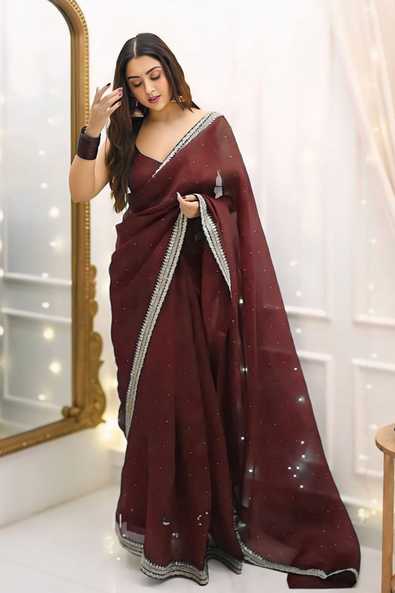 Enthralling 1 Minute Ready To Wear Brown Organza Embroidery Border Work Saree