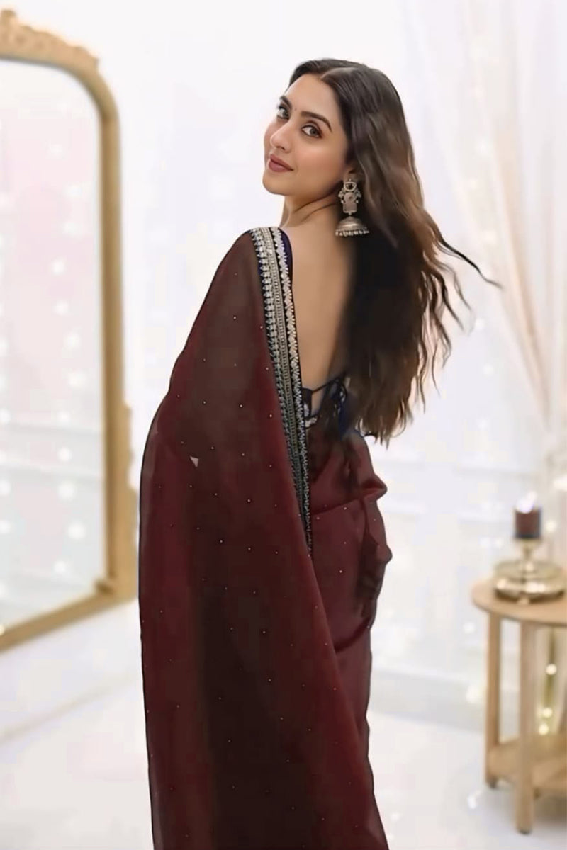Enthralling 1 Minute Ready To Wear Brown Organza Embroidery Border Work Saree