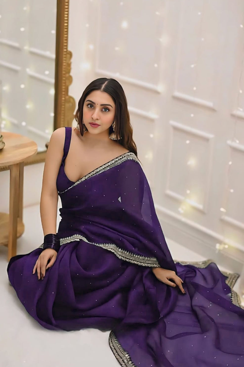 Beauteous 1 Minute Ready To Wear Purple Organza Embroidery Border Work Saree