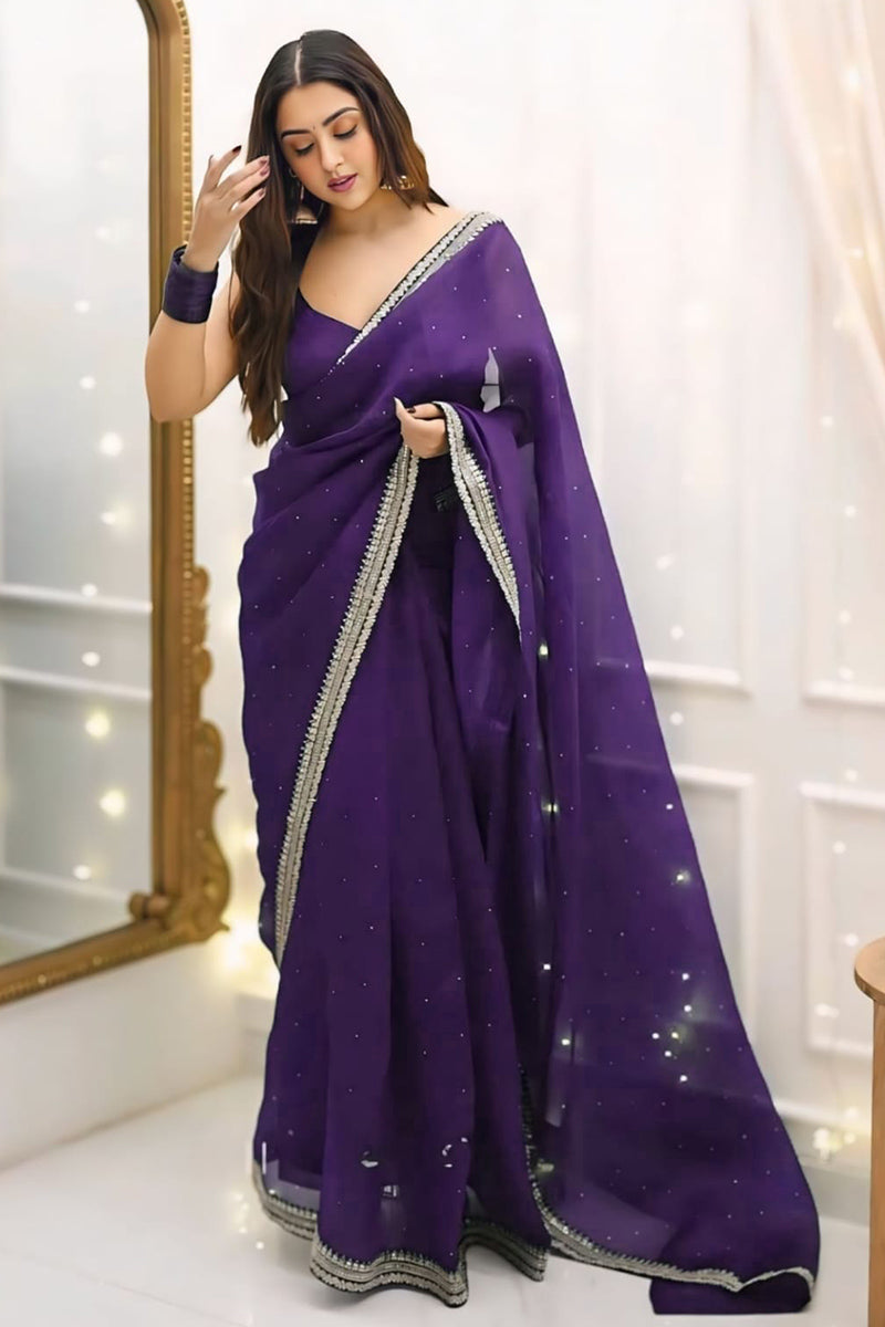 Beauteous 1 Minute Ready To Wear Purple Organza Embroidery Border Work Saree