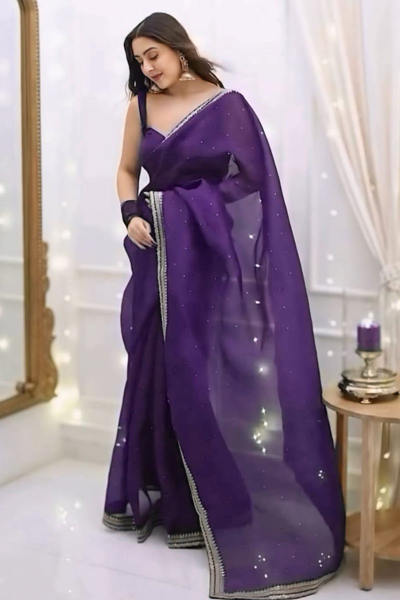 Beauteous 1 Minute Ready To Wear Purple Organza Embroidery Border Work Saree