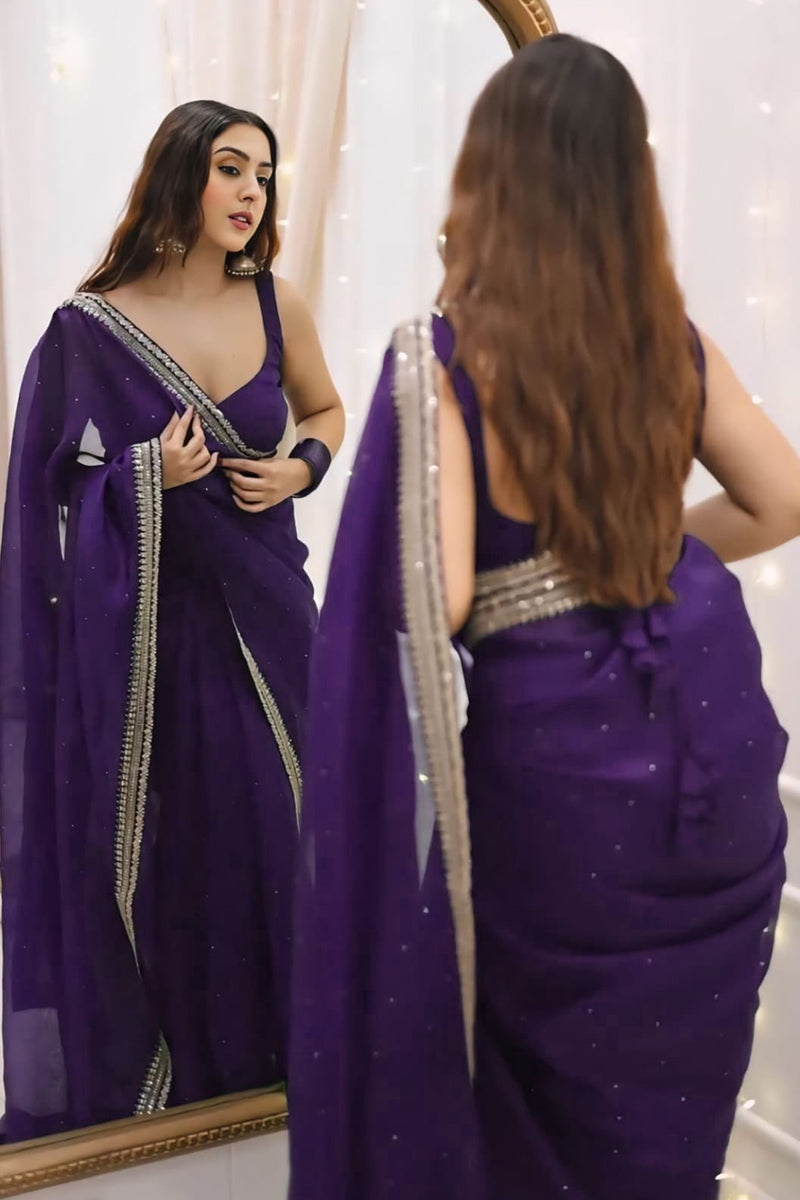 Beauteous 1 Minute Ready To Wear Purple Organza Embroidery Border Work Saree