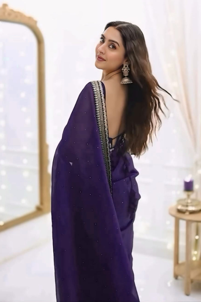 Beauteous 1 Minute Ready To Wear Purple Organza Embroidery Border Work Saree
