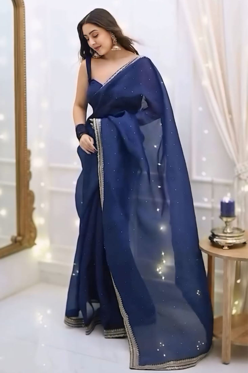 Elegant 1 Minute Ready To Wear Navy Blue Organza Embroidery Border Work Saree