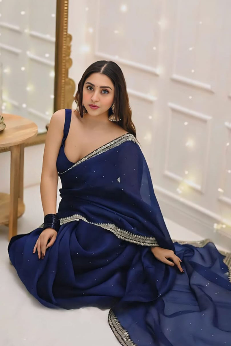 Elegant 1 Minute Ready To Wear Navy Blue Organza Embroidery Border Work Saree