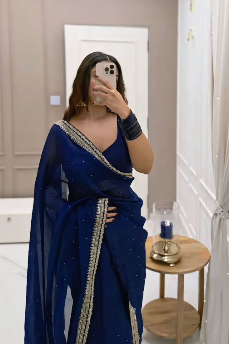 Elegant 1 Minute Ready To Wear Navy Blue Organza Embroidery Border Work Saree