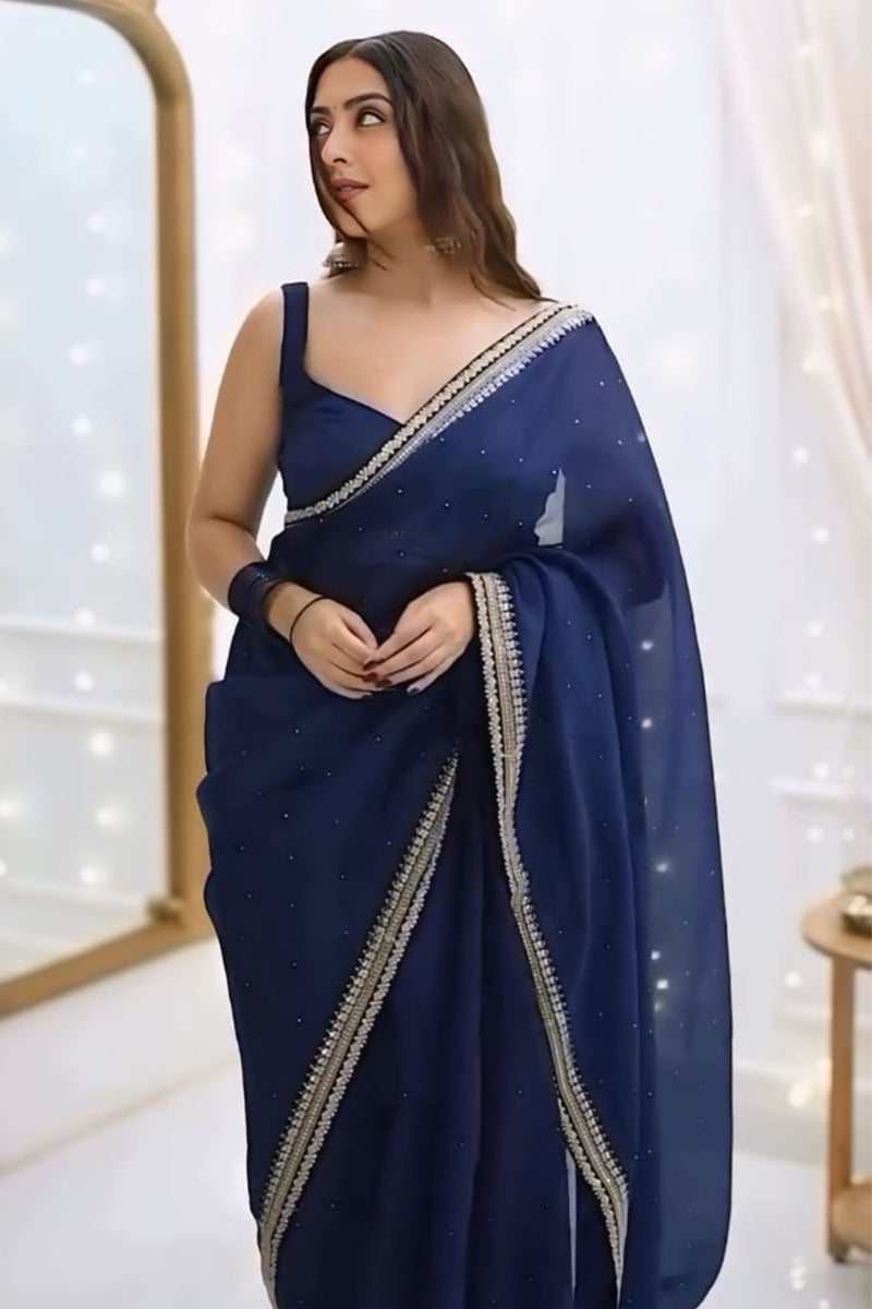 Elegant 1 Minute Ready To Wear Navy Blue Organza Embroidery Border Work Saree