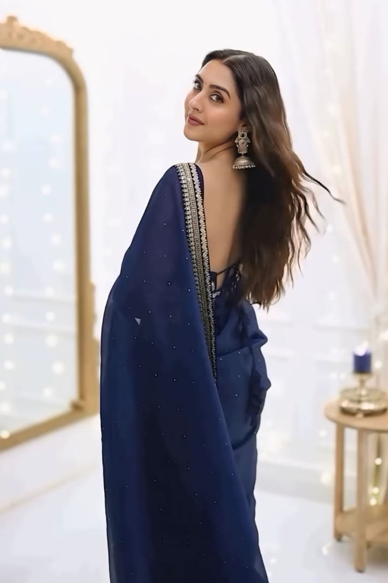 Elegant 1 Minute Ready To Wear Navy Blue Organza Embroidery Border Work Saree