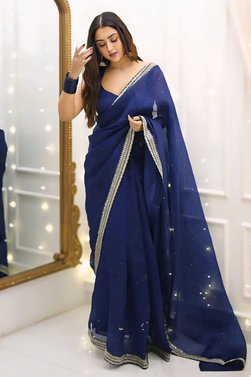 Elegant 1 Minute Ready To Wear Navy Blue Organza Embroidery Border Work Saree