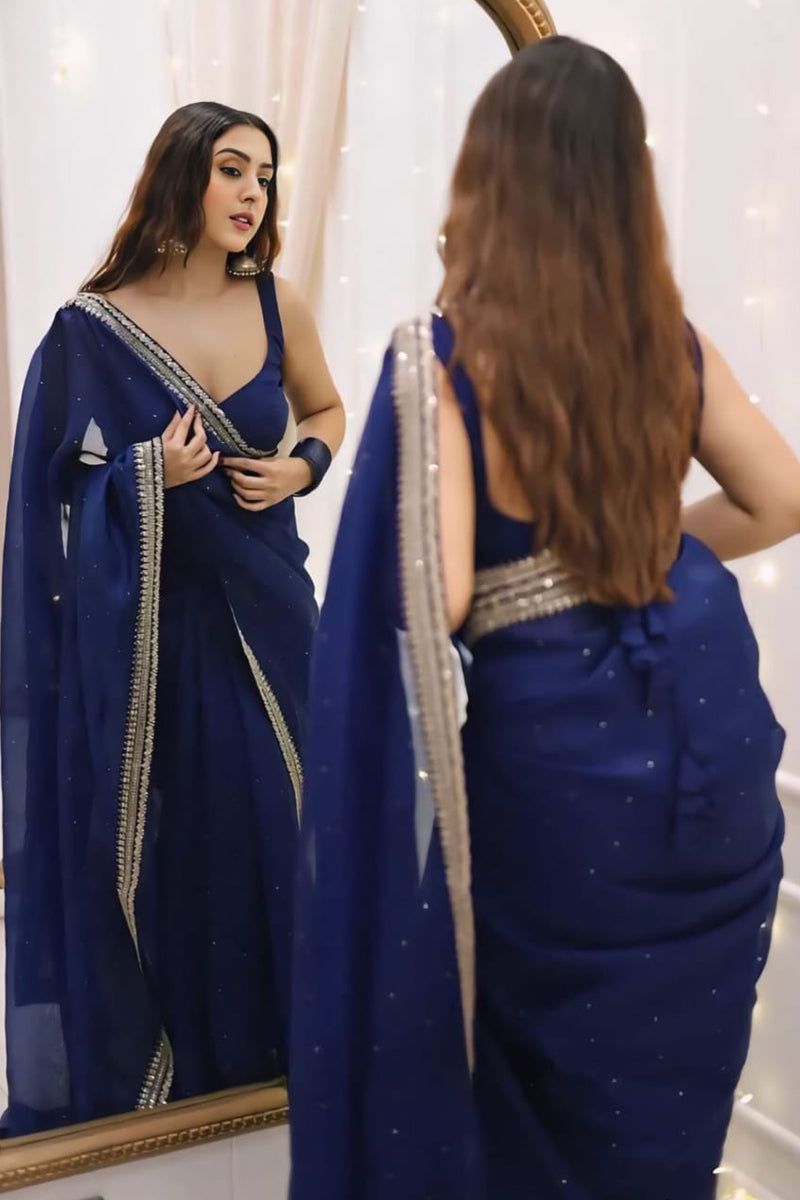 Elegant 1 Minute Ready To Wear Navy Blue Organza Embroidery Border Work Saree