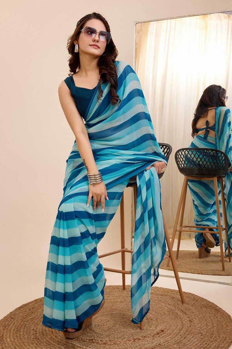 Gorgeous 1 Minute Ready To Wear Blue Georgette Digital Printed Saree