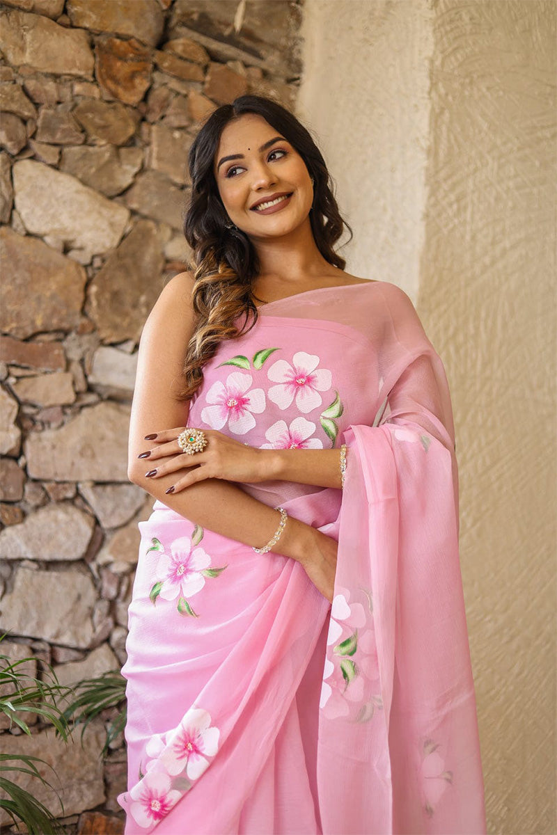 Incomparable 1 Minute Ready To Wear Pink Georgette Floral Digital Printed Saree