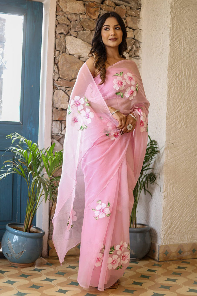 Incomparable 1 Minute Ready To Wear Pink Georgette Floral Digital Printed Saree