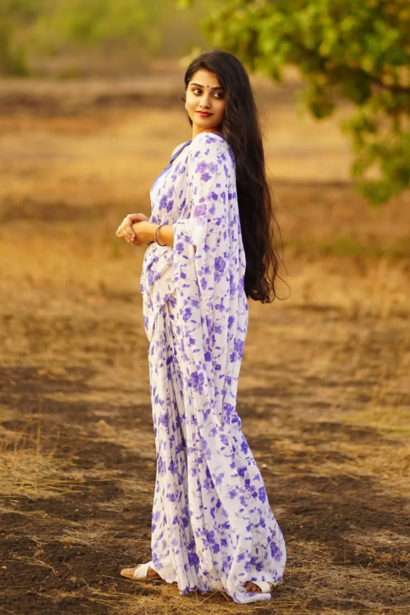 Pleasurable 1 Minute Ready To Wear White Georgette Floral Digital Printed Saree