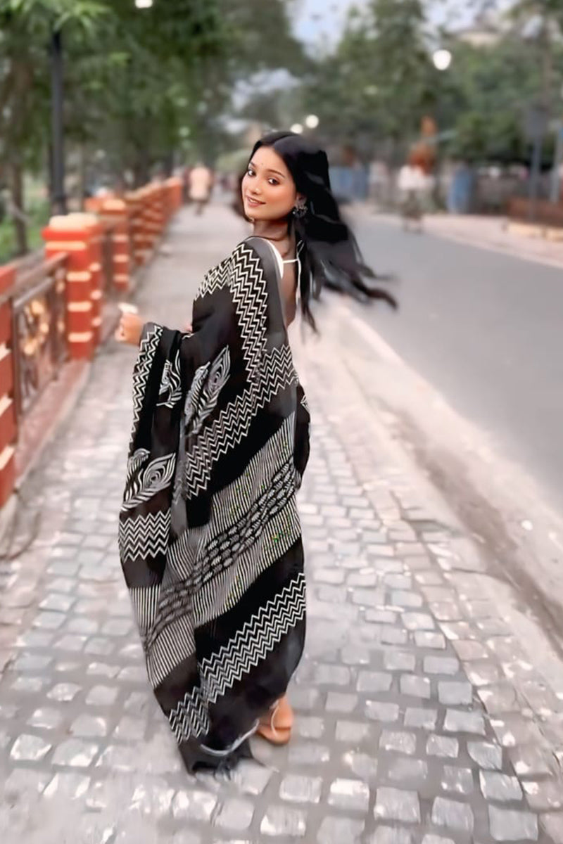 Flamboyant 1 Minute Ready To Wear Black Cotton Digital Print Saree