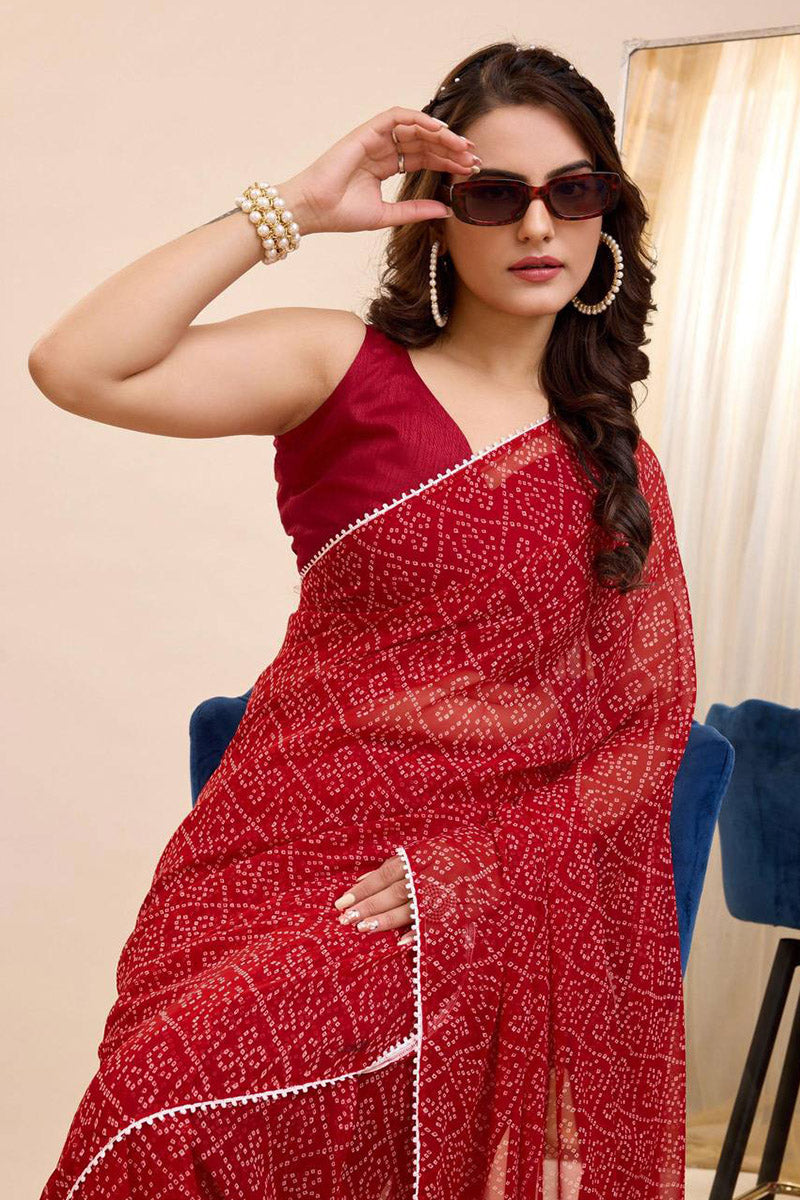 Comely 1 Minute Ready To Wear Red Georgette Digital Printed Saree