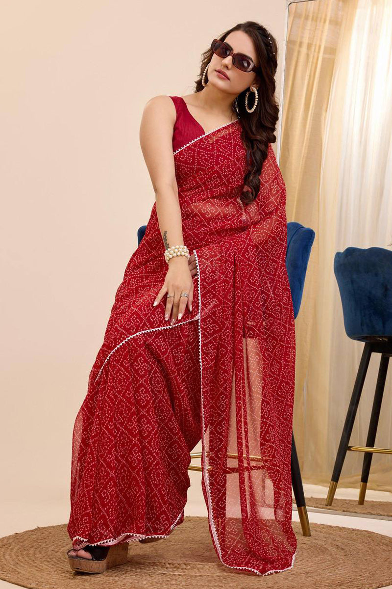 Comely 1 Minute Ready To Wear Red Georgette Digital Printed Saree
