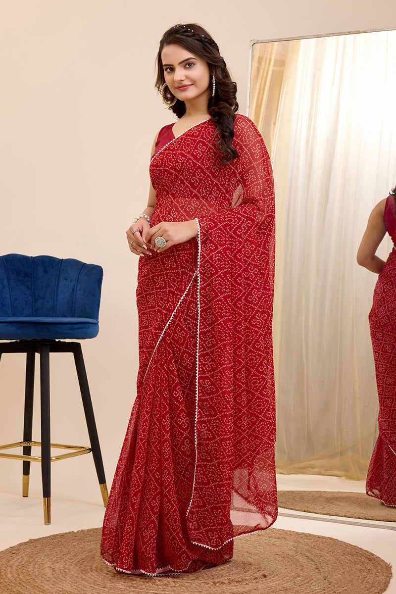 Comely 1 Minute Ready To Wear Red Georgette Digital Printed Saree