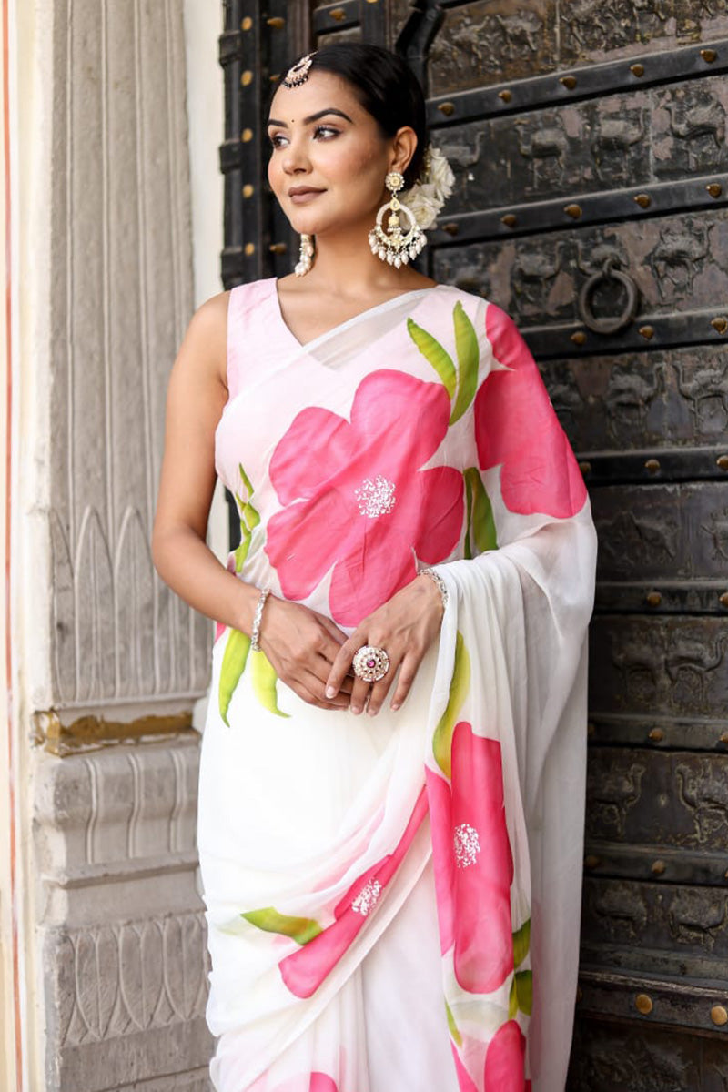 Elision 1 Minute Ready To Wear White Georgette Floral Digital Printed Saree
