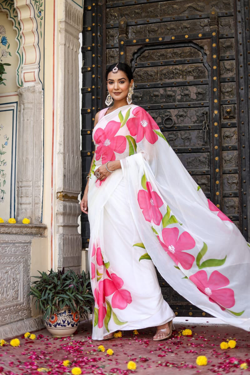 Elision 1 Minute Ready To Wear White Georgette Floral Digital Printed Saree