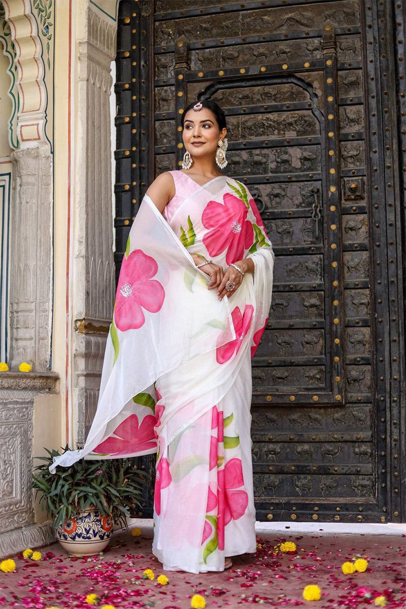 Elision 1 Minute Ready To Wear White Georgette Floral Digital Printed Saree