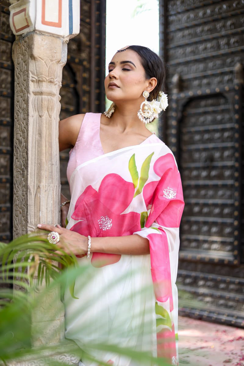 Elision 1 Minute Ready To Wear White Georgette Floral Digital Printed Saree