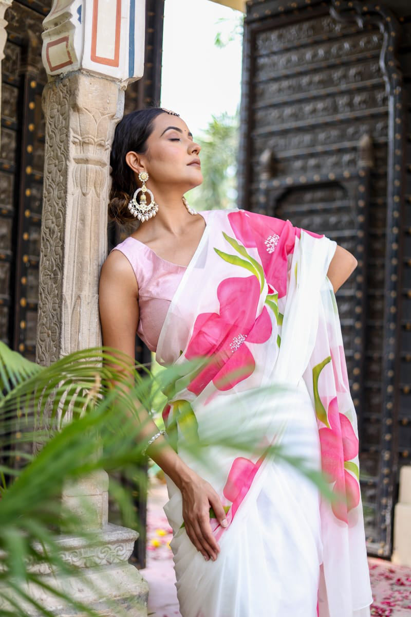 Elision 1 Minute Ready To Wear White Georgette Floral Digital Printed Saree