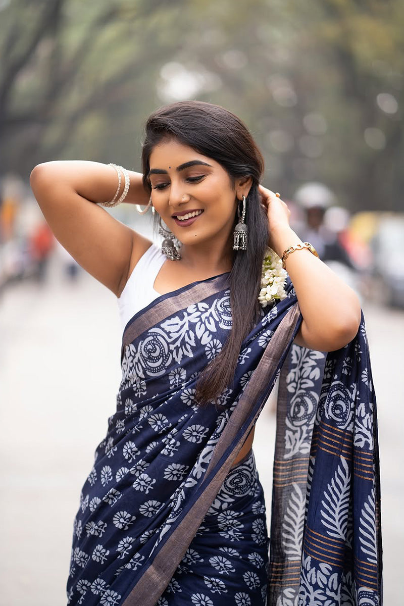 Unequalled 1 Minute Ready To Wear Navy Blue Cotton Digital Printed Saree
