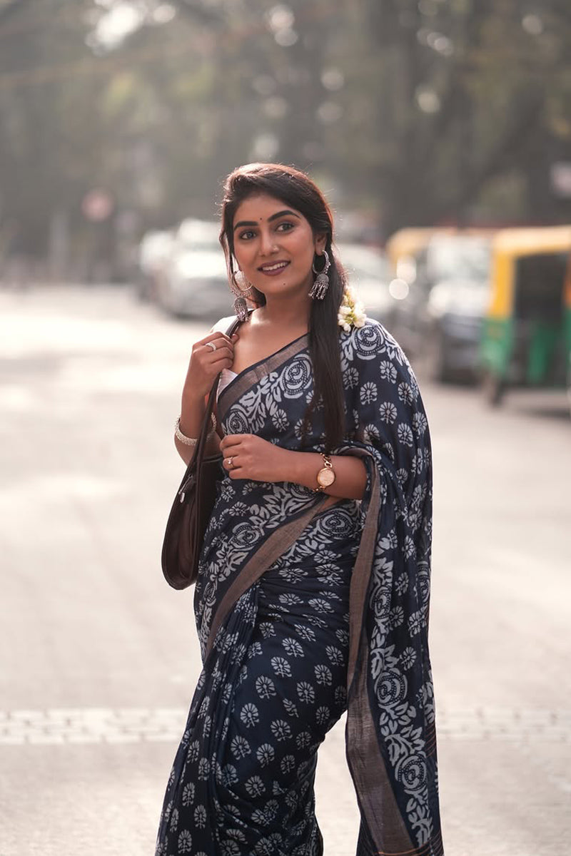 Unequalled 1 Minute Ready To Wear Navy Blue Cotton Digital Printed Saree