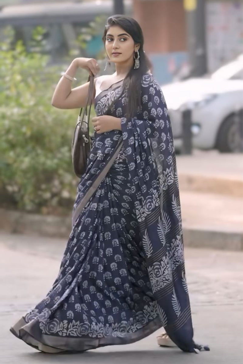 Unequalled 1 Minute Ready To Wear Navy Blue Cotton Digital Printed Saree