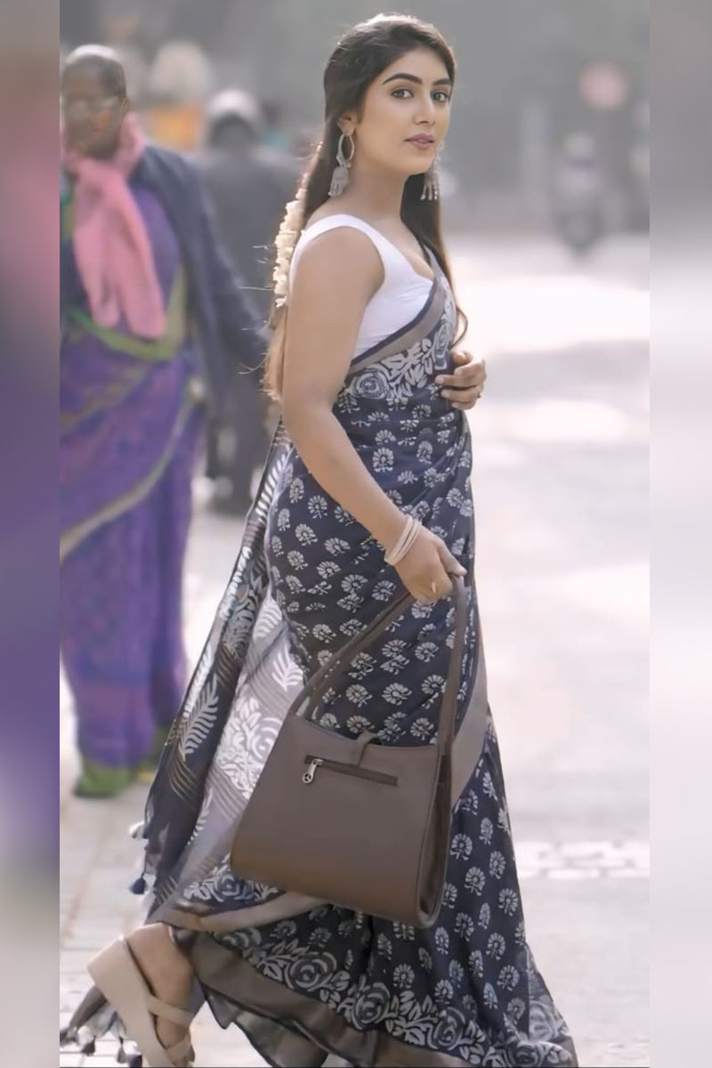 Unequalled 1 Minute Ready To Wear Navy Blue Cotton Digital Printed Saree