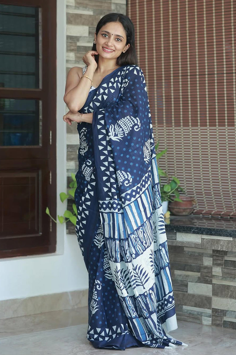 Flaunt 1 Minute Ready To Wear Navy Blue Cotton Digital Printed Saree