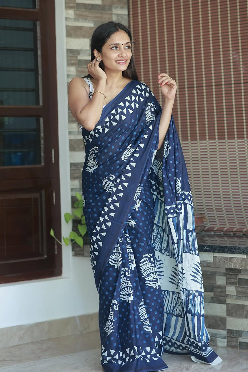 Flaunt 1 Minute Ready To Wear Navy Blue Cotton Digital Printed Saree